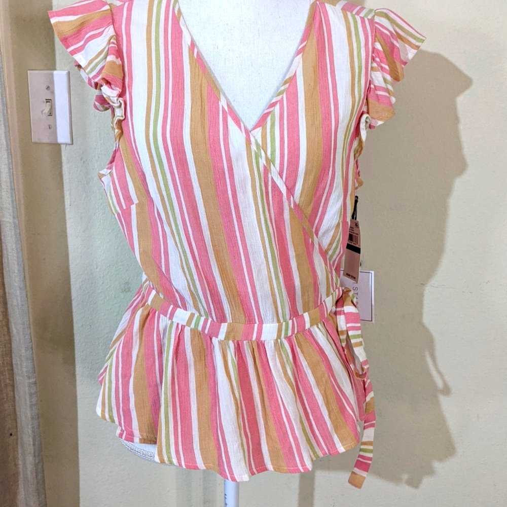 NWT 1. State Striped Wrap Blouse sz Large